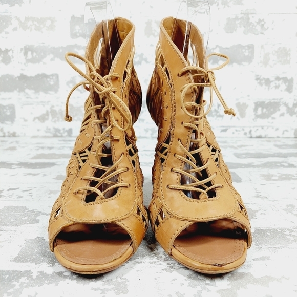 Alaia Lace-Up Peep Toe Booties Camel Leather High Heel Ankle Boots M873 - Picture 3 of 15